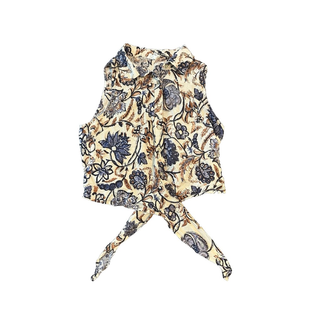 Nicole Miller Linen Blend Floral Tie Front Womens Blouse M Artsy Garden Coastal